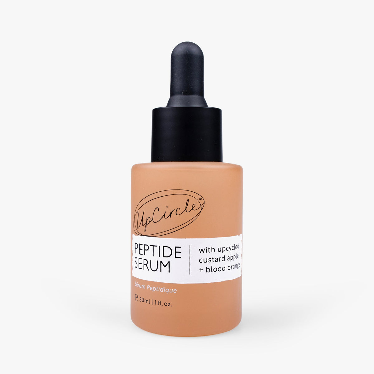 UpCircle 30ml peptide serum in a peach bottle with a black pipette